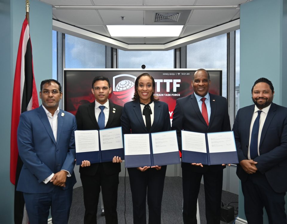 From left, Permanent Secretary in the Ministry of Trade and Industry, Mr. Randall Karim; Vice President, Trinidad and Tobago Manufacturers’ Association, Mr. Emil Ramkissoon; President, Trinidad and Tobago Chamber of Industry and Commerce Ms. Sonji Pierre-Chase; Director, Crime Stoppers T&T, Mr. Darrin Carmichael; and Senior Counsel and Controller of the Trinidad and Tobago Intellectual Property Officer, Mr. Regan Asgaralli.