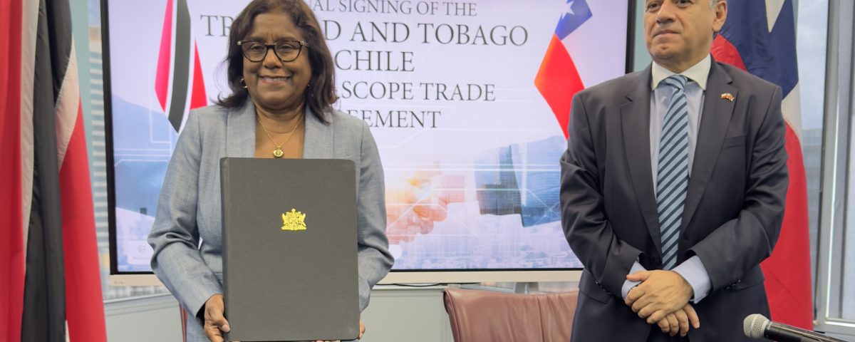 Minister of Trade and Industry, the Hon. Paula Gopee-Scoon and His Excellency Hernán Núñez Montenegro, Ambassador Extraordinary and Plenipotentiary of Chile to Trinidad and Tobago at the signing of a new Partial Scope Trade Agreement (PSTA) with the Republic of Chile at the Ministry's Head office in Port of Spain.