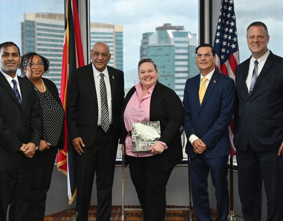 Senator the Honourable Satyakama Maharaj, Minister of Trade, Investment and Tourism (centre left), with Dr. Jenifer Neidhart de Ortiz, Chargé d’Affaires at the Embassy of the United States of America in Port of Spain (centre right). Also present are Dr. Colin Neil Gosine, Parliamentary Secretary in the Ministry (second from right), Mr Randall Karim, Permanent Secretary in the Ministry (left), and other members of the visiting delegation.
